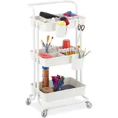 Relaxdays Rolwagen, 3 niveaus, multifunctionele kar, geschikt voor hobby, kantoor, badkamer en keuken. Afmetingen: 86x43x42 cm, metaal en kunststof, wit