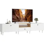 HOMCOM TV Stand-Spaanplaat-200L x 35B x 45H cm-Wit+Natuurhout