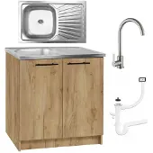 Stamar - Keukenkast 80cm - Onderkast met Spoelbak met één compartiment + kraan + sifon - Eiken Goud