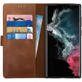 Rosso Deluxe Echt Leer Book Case Hoesje Geschikt voor Samsung Galaxy S22 Ultra | Ruimte voor drie pasjes | Portemonnee Book Case | Met Pasjeshouder | Bruin