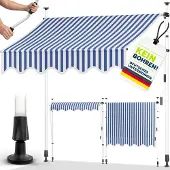 Tillvex Klemluifel 250 cm blauw-wit met handslinger balkon | balkonluifel zonder boren | luifel UV-bestendig en in hoogte verstelbaar | zonwering waterdicht