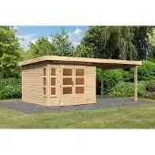 Karibu tuinhuis, tuinhuis Kastorf 6, in een set met een aanbouwoverkapping, 3,2 meter breed, in natuurlijke staat, afmetingen 565x274x222 cm