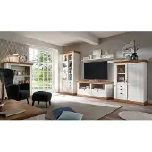 IMV Woonkamerwand, landhuisstijl, 458 cm, grenen, wit / notenhout eikenhout, wandmeubel, vitrine