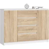 Akord Ladekast K140 met 4 Lades en 2 Deuren / Furniture Factory / Wit – Sonoma Eik / 138 x 99 x 40 cm