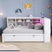 OKWISH Slaapbank, dagbed 90x200 cm, uitschuifbaar bed met opbergruimte, jeugdbed met USB-aansluiting en LED-lichtbalk, slaapbank met planken en opbergvakken, wit, inclusief matras