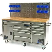 HBM werkbank 158 cm met 10 laden, deur en achterwand, RVS