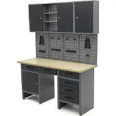 HBM werkbank 160 cm met 6 laden, kastenwand en achterwand, zwart, grijs