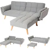 Mendler Slaapbank -K18 met voetenbank, slaapbank, slaapfunctie 218x175cm ~ stof/textiel lichtgrijs