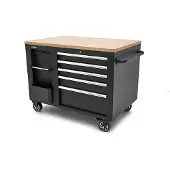 HBM verrijdbare gereedschapswagen, werkbank 114 cm met houten werkblad, zwart