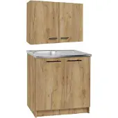 Stamar - Keuken Set: Wandkast 80 cm + Onderkast - Keukenmeubel + Spoelbak + Sifon - Eiken Goud