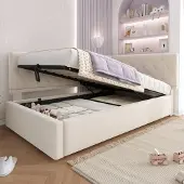 OKWISH Boxspringbed 90x200, slaapbank met hydraulische opbergruimte, daybed met lattenbodem, zonder matras, beige