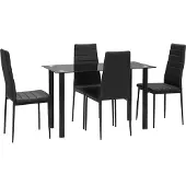 HOMCOM eettafel - met 4 stoelen - glasplaat - kunstleer - zwart
