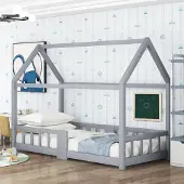 Sweiko kinderbed, huisbed, houten bed, 90x200 cm, met lattenbodem en valbeveiliging, grijs