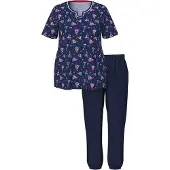 Ulla Popken - Dames - Pyjama zeilboot tuniekhals korte mouwen - Nachtblauw - Maat 46+