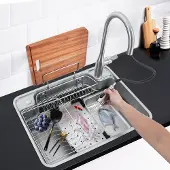 Easybuy Multifunctionele roestvrijstalen spoelbak met uittrekbare kraan, zilverkleurig (klein)