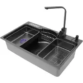 Easybuy Keukenwastafel, roestvrij staal, multifunctionele spoelbak, zwart, enkele spoelbak met afvoerbak