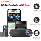 DDPai N5 dubbele 4K-dashcam voor en achter, 2160p+1080p autodashcam, GPS 5 G wifi-dashcam, ingebouwde 32 GB eMMC, nachtzicht, ondersteunt 24-uurs parkeermodus, slimme app