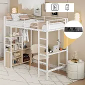 Sweiko Hoogslaper 90*200cm , Bureau, USB-poort, Opbergkast, Zonder matras, Wit