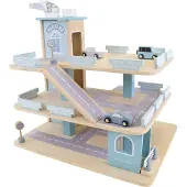 Bandits and Angels Houten Speelgoedgarage Bandits Parking Experience met 3 Verdiepingen en Lift - Inclusief 4 Auto's - Speelgoed Auto Garage Hout Blauw