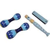 Playwood Houten blokfluit mondharmonica en 2 maracas sambaballen blauw