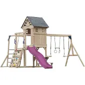 Axi Duncan Speeltoestel van Houten met 2 Schommels - Paarse Glijbaan | Speeltoren / Speelhuis op Palen voor kinderen met Klimrekken, Monkey Bars, Trapeze & Picknickbank | Schommelrek voor in de Tuin