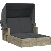 vidaXL Ligbed 2-persoons met luifel en kussens poly rattan lichtgrijs