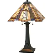 QUOIZEL Tiffany tafellamp Inglenook, brons / oud-messing, Woon-/ Eetkamer, metaal, Tiffany, tafellamp