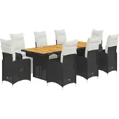 vidaXL 9-delige Bistroset met kussens poly rattan zwart