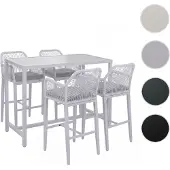 Mendler Bartafelset + 4 barkrukken HWC-P91, bartafel, buitenzitkussens, touwweefsel, metaal, lichtgrijs