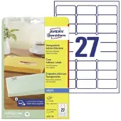 Avery Zweckform AVERY Transparante verzendetiketten voor inkjet J4721-25 Permanent klevend A4 63,5 x 29,6 mm 25 Vellen à 27 Etiketten