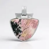 Cavill - Zilveren Hanger 925 Sterling Zilver - 11 Karaat Rhodoniet Trilliant Cabochon - Bali Barong Sieraad - Elegant Roze Groen