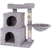 Lionto Kraboom voor katten, 70 cm hoog, met 2 holletjes, een ligplaats, een ligbed en een speeltje, stevig en comfortabel, lichtgrijs