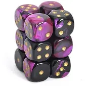 Chessex Gemini Black-Purple/gold D6 16mm Dobbelsteen Set (12 stuks)