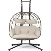 Juskys Hangstoel 2 Persoons - Polyrotan - Max. 220 kg- Incl. Onderstel & Kussens – Beige