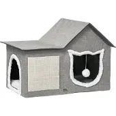 PawHut Kattenhuis met krasoppervlak, inclusief speelgoedbal, kattengrot, 65 cm x 41 cm x 45,5 H cm, bruin+wit+beige