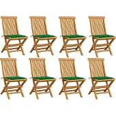 vidaXL Klapstoelen met groene kussens, 8-delig, massief teak hout