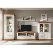 IMV Woonkamerwand, landhuisstijl, 336 cm, grenen, wit / eikenhout "Wotan", wandmeubel, hoge kast