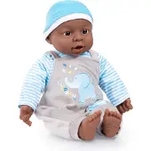 Bayer 94001AH Functionele pop, interactieve jongenspop, jongen, 12 kindersounds, 40 cm, donkere huidskleur, met ringetjes, zachte body