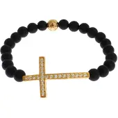 Nialaya Matte Onyx Steen Gouden CZ Kruis 925 Zilveren Armband