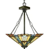 QUOIZEL Tiffany hanglamp Inglenook, dimbaar, brons / oud-messing, Woon-/ Eetkamer, metaal, Tiffany, Hanglamp