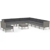 vidaXL 12-delige Loungeset met kussens poly rattan grijs