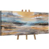 YS Canvas schilderij panoramisch 115x50 handgeschilderd gouden branding zee maritiem – -Art Gallery – Luxe wanddecoratie voor woonkamer – Modern schilderij voor hal