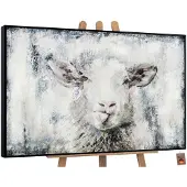 YS Canvas schilderij landschapsformaat handgeschilderd gelukkig schaap dier – -Art Gallery – Charmante wanddecoratie voor woonkamer – Vrolijk schilderij voor kinderkamer en hal