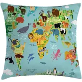 Abakuhaus Wereldkaart Kussenhoes – 50x50 cm – Dubbelzijdig bedrukt – Blauw Geel Groen