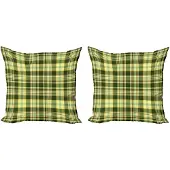 Abakuhaus – Kussenhoes 2x45x45 cm – Schotse quilt – Dubbelzijdig bedrukt – donker groen geel bruin