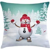Abakuhaus Kussenhoes – Skiën-Sneeuwman-Bomen – 60x60 cm – Teal/Rood/Wit