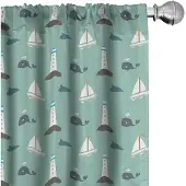 Abakuhaus Walvisgordijnen – 2x75x175 cm – Microvezel – Vuurtoren-zeilmotief – Licht zeeschuim-hemelsblauw
