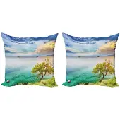 Abakuhaus Landschapskussenhoes – Set 2x40x40 cm – Dubbelzijdig – Aqua/Turkoois & Groen