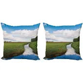 Abakuhaus Landschap Kussenhoes – 2x40x40 cm – Microvezel – Groen/Wit/Blauw