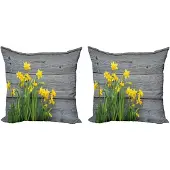 Abakuhaus Set van 2 gele bloemenkussenslopen, narcissenboeket, 40 cm, geelgrijs